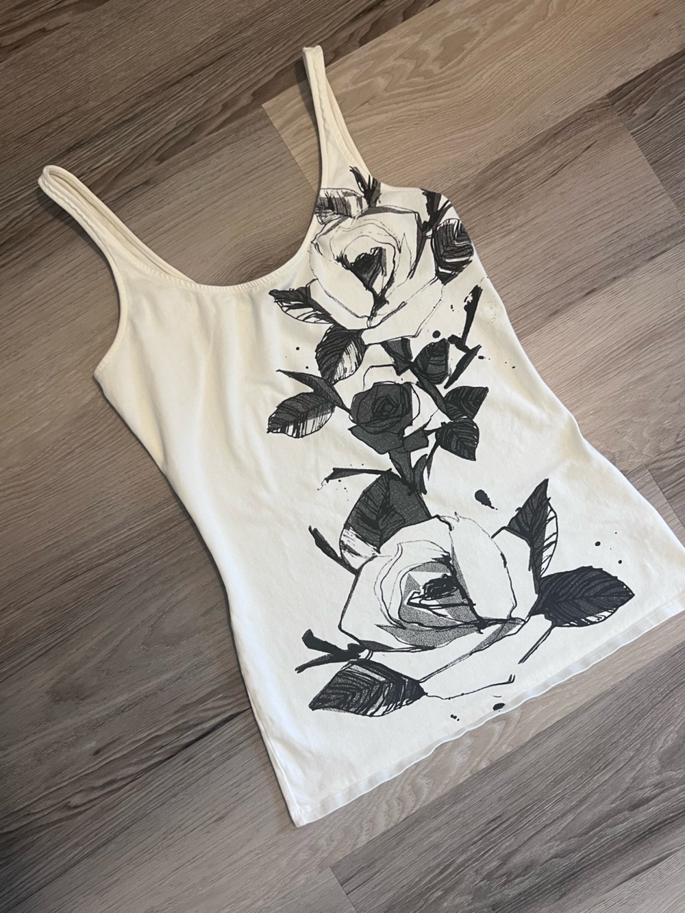 Express White Cotton Tank Top with Black Floral Rose Print